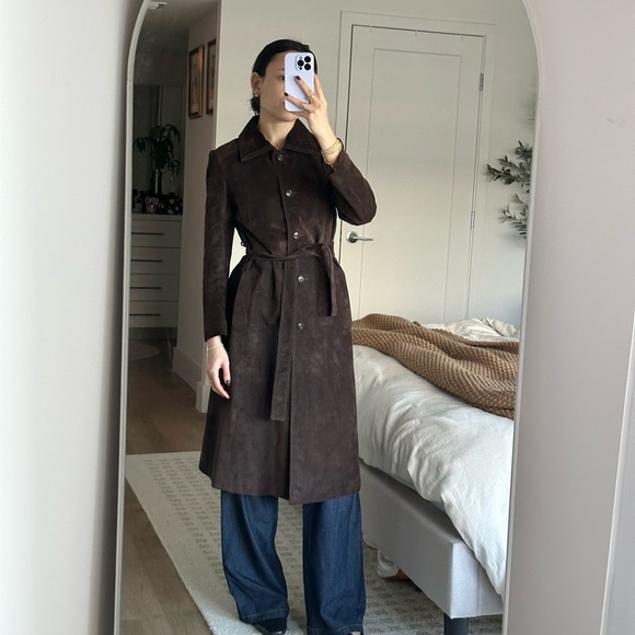 Brown Suede Leather Trench Coat - Picture 14 of 14